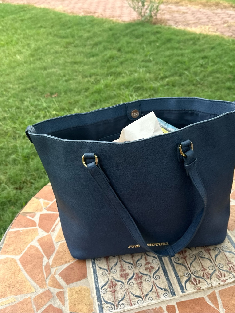 Juicy Couture Sophia Navy Blue Saffiano Leather Tote Bag - Gold Hardware